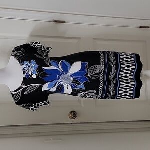 EnFocus Studio Size 8 Black with Blue Floral Midi Shift Dress, Exc. Used Cond.